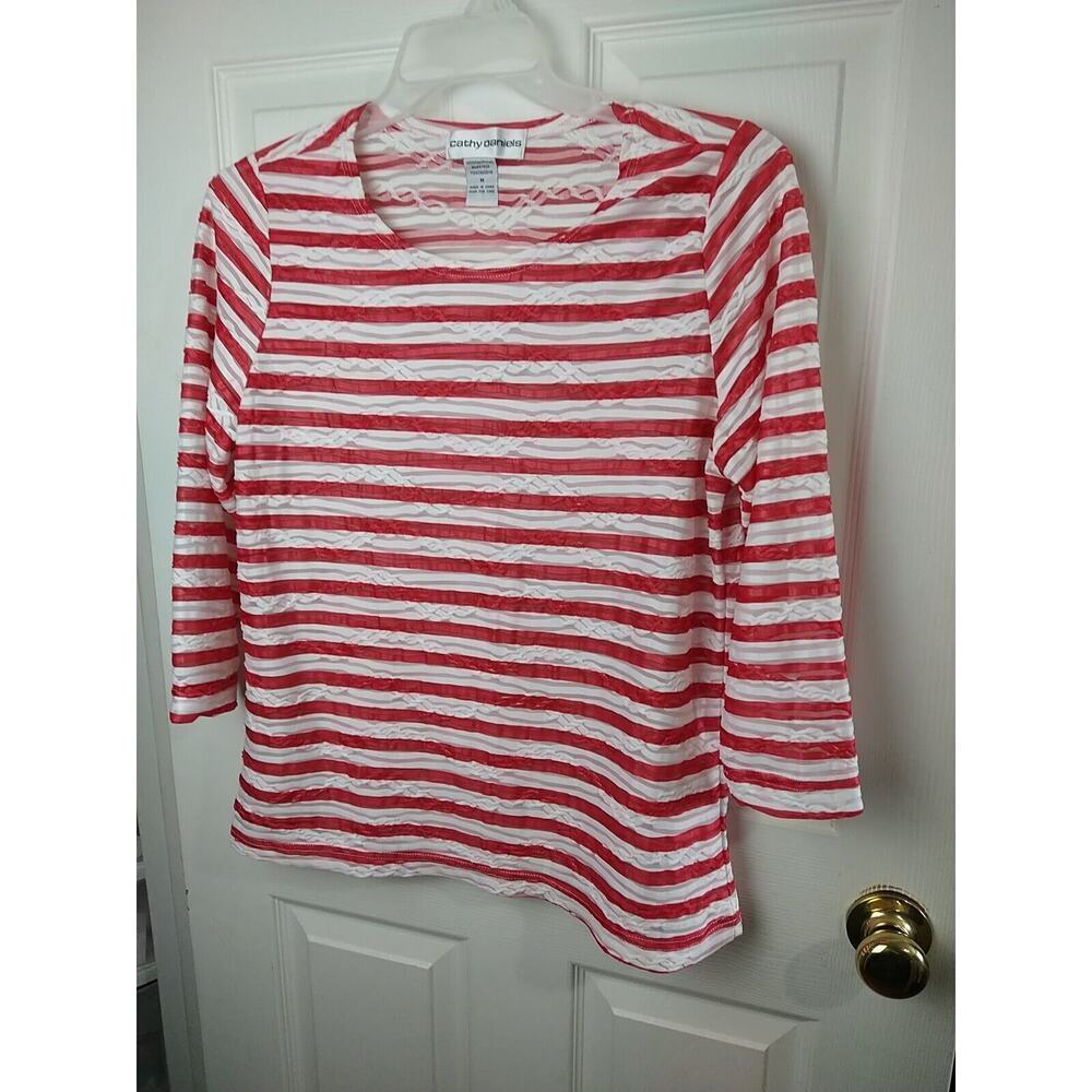 Cathy Daniels Semi Sheer Lines Red White 3/4 Sleeve Blouse. Size M - Picture 2 of 11